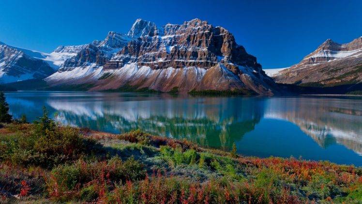 mountains, Landscape, River, Grass, Snow HD Wallpaper Desktop Background