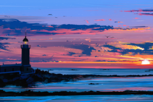 lighthouse, Coast, Drawing, Aenami, Digital art