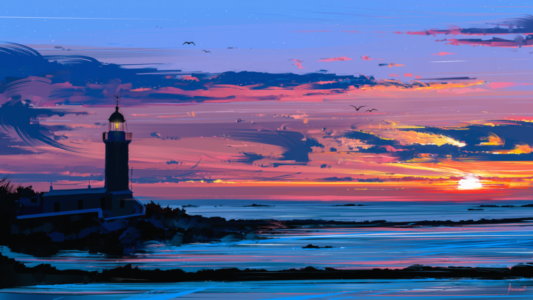 lighthouse, Coast, Drawing, Aenami, Digital art HD Wallpaper Desktop Background