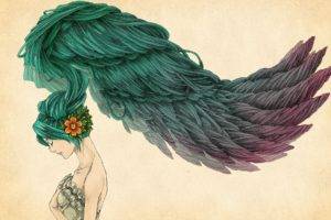 women, Blue hair, Wings, Artwork, Fantasy art, Flowers, Flower in hair
