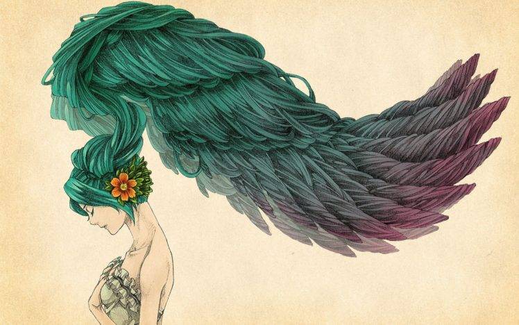 women, Blue hair, Wings, Artwork, Fantasy art, Flowers, Flower in hair HD Wallpaper Desktop Background