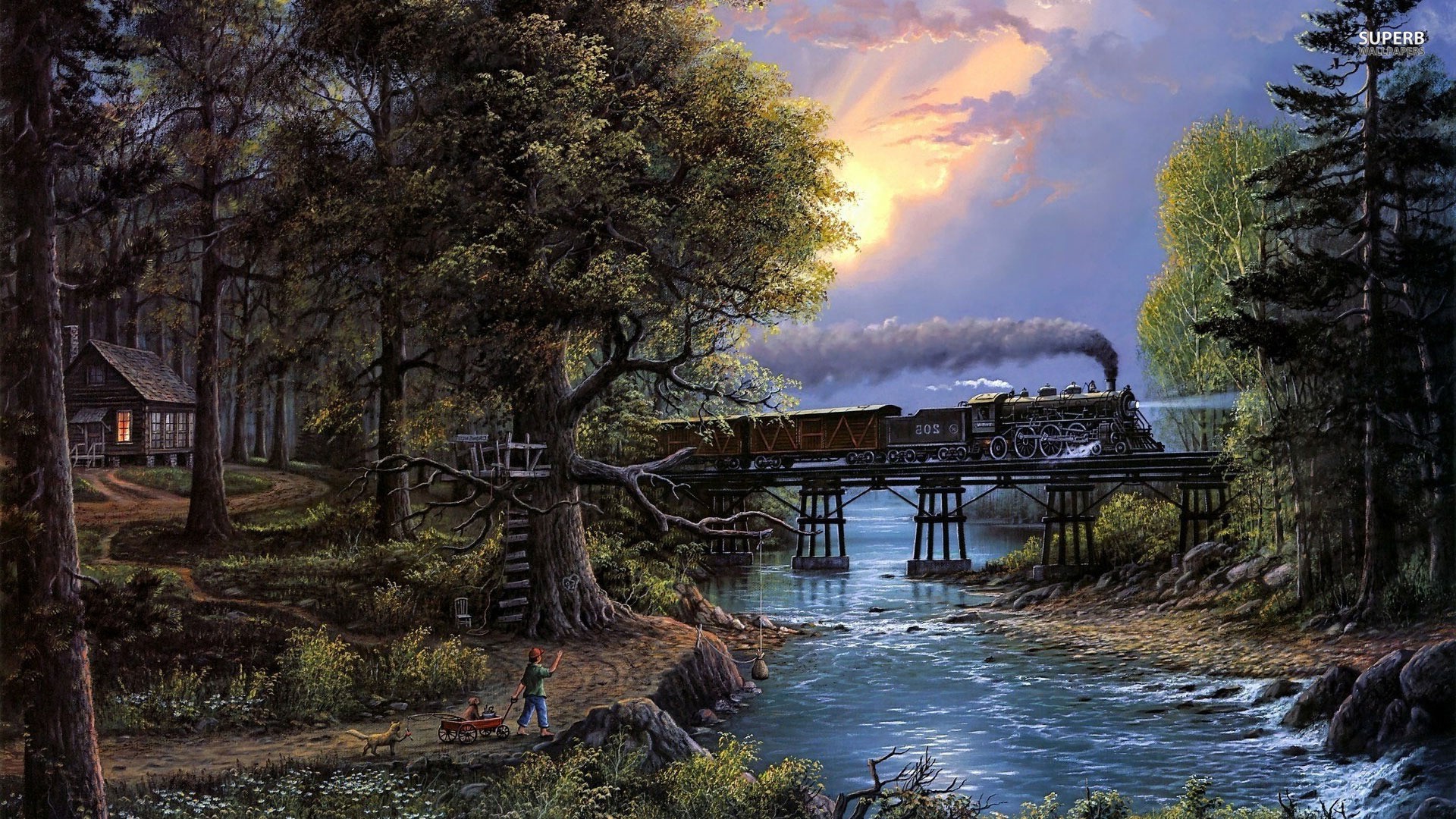 trees, River, Stones, Sun, Train, Cabin Wallpaper