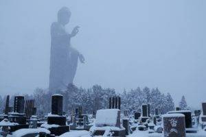 Buddha, Statue, Tombstones, Snow