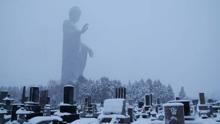 Buddha, Statue, Tombstones, Snow HD Wallpaper Desktop Background