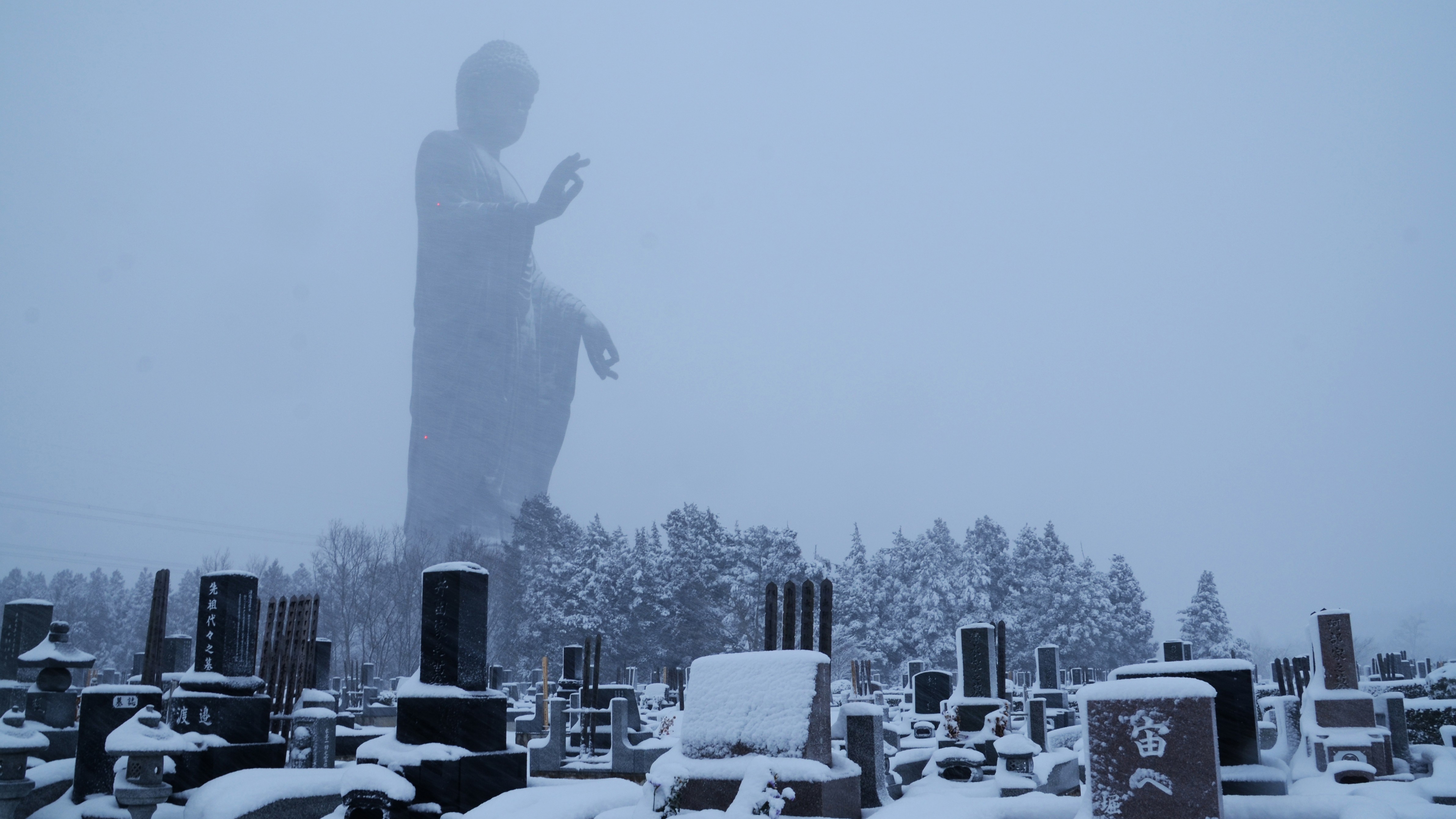 Buddha, Statue, Tombstones, Snow Wallpaper