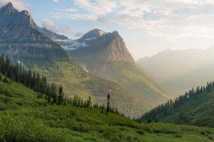 glaciers, National park, Montana, USA, Wood, Mountains, Landscape, Snow, Grass