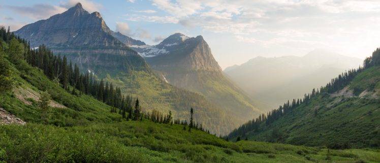 glaciers, National park, Montana, USA, Wood, Mountains, Landscape, Snow, Grass HD Wallpaper Desktop Background