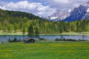 house, Field, Forest, Mountains, River