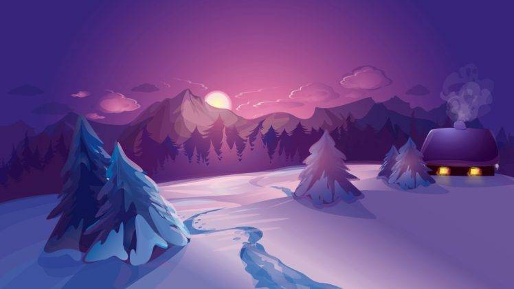 nature, Landscape, Digital art, Mountains, Clouds, Winter, House, Snow, Sunset, Forest, Calm HD Wallpaper Desktop Background