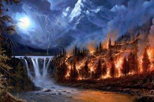 nature, Landscape, Digital art, Mountains, Clouds, Pine trees, Forest, Fire, Smoke, Waterfall, Storm, Lightning, Mist, Stream, Moon, Stones, Painting