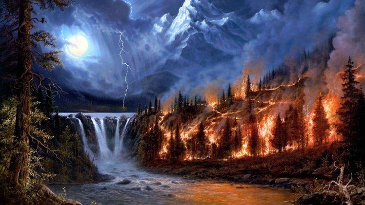 nature, Landscape, Digital art, Mountains, Clouds, Pine trees, Forest, Fire, Smoke, Waterfall, Storm, Lightning, Mist, Stream, Moon, Stones, Painting HD Wallpaper Desktop Background