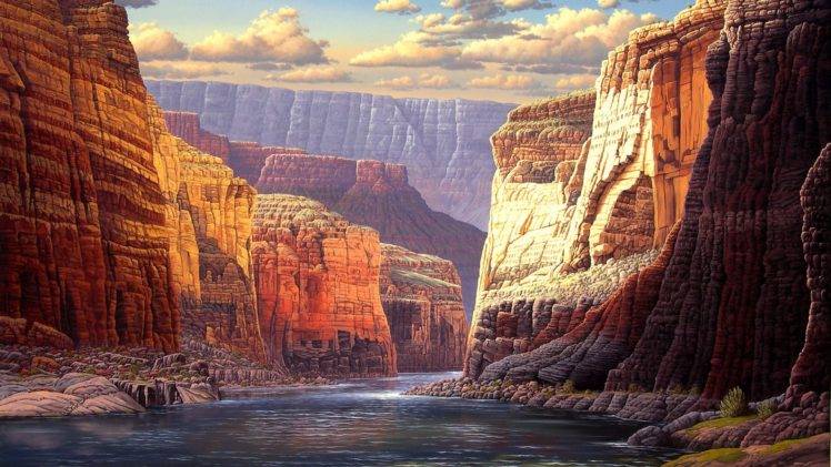 nature, Landscape, Digital art, Mountains, Clouds, Canyon, Valley, River, Sunlight, Rock, Stones HD Wallpaper Desktop Background