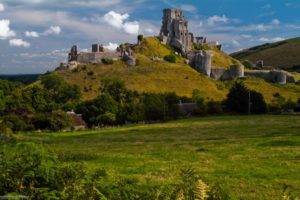 nature, Landscape, Trees, Clouds, Tower, Ancient, Architecture, Castle, Ruin, Hills, Field, Grass, Dorset, England, UK, Corfe Castle