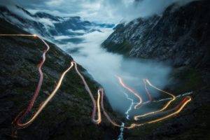 Tourism, Trollstigen, Mist, Mountains, Blue, Night, Lights, Europe, Norway, Lighttrail