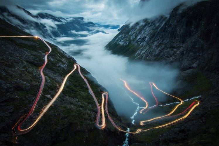 Tourism, Trollstigen, Mist, Mountains, Blue, Night, Lights, Europe, Norway, Lighttrail HD Wallpaper Desktop Background