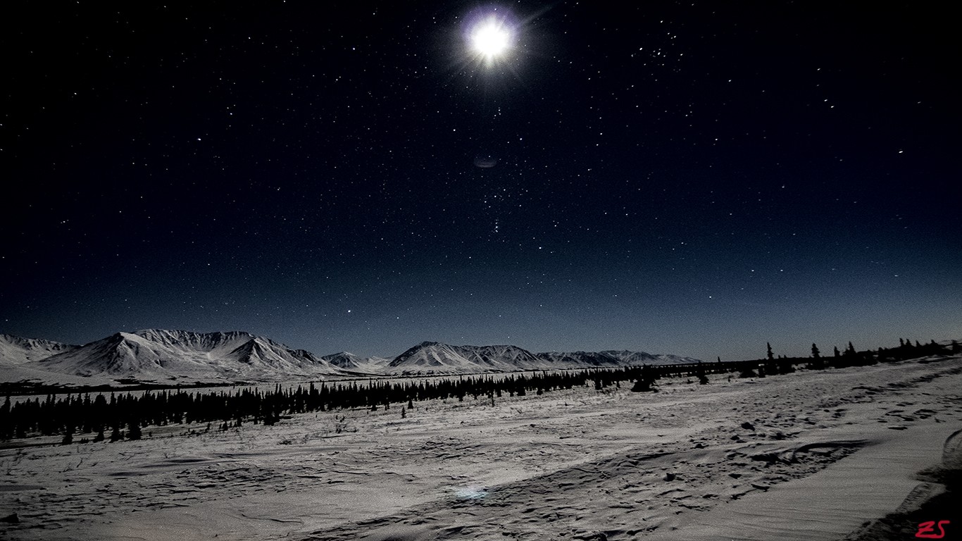 landscape, Stars, Mountains, Snow, Moon, Photography Wallpaper