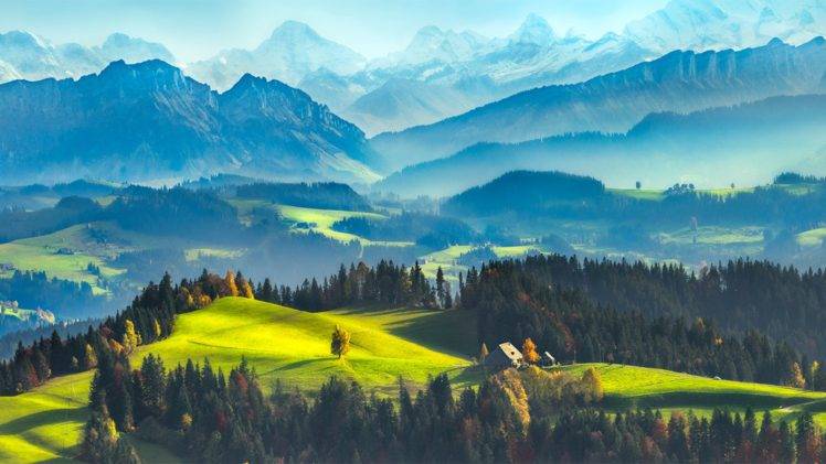landscape, Pine trees, Mountains, House, Grass, Snow, Horizon, Clouds, Valley, Cliff HD Wallpaper Desktop Background