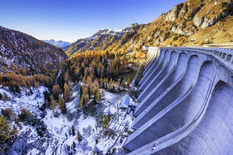 Italy, South tyrol, Nature, Landscape, Winter, Mountains, Snow, Lake dam Fedaia HD Wallpaper Desktop Background