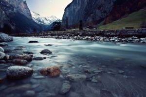 nature, River, Long exposure, Stone, Mountains, Snow