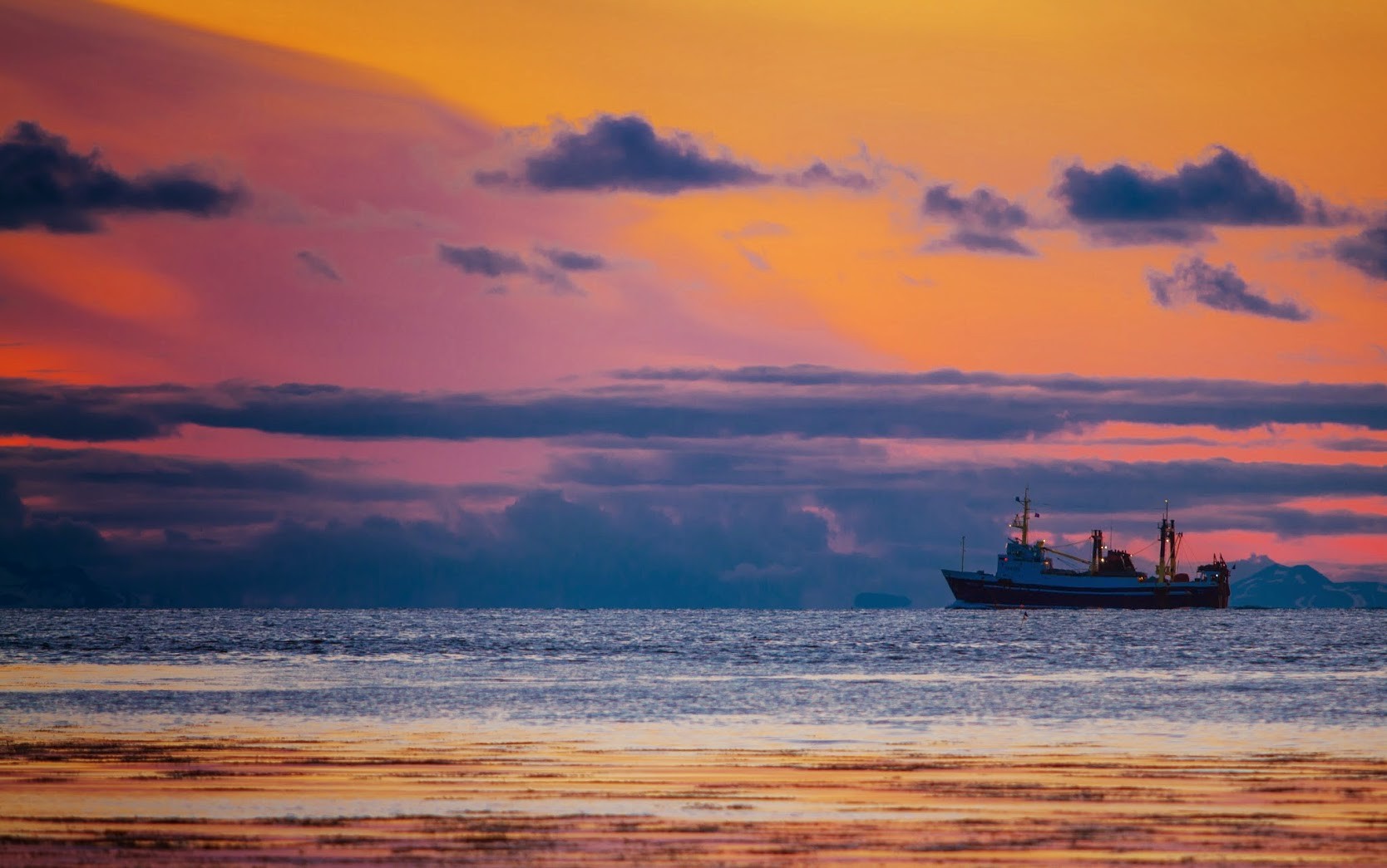 ship, Sea, Sky, Colored sky Wallpaper