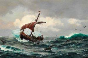 Vikings, Ship, Longships, Sailing ship, Sea, Waves, Artwork, Greenland, Iceberg