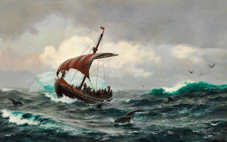 Vikings, Ship, Longships, Sailing ship, Sea, Waves, Artwork, Greenland, Iceberg HD Wallpaper Desktop Background
