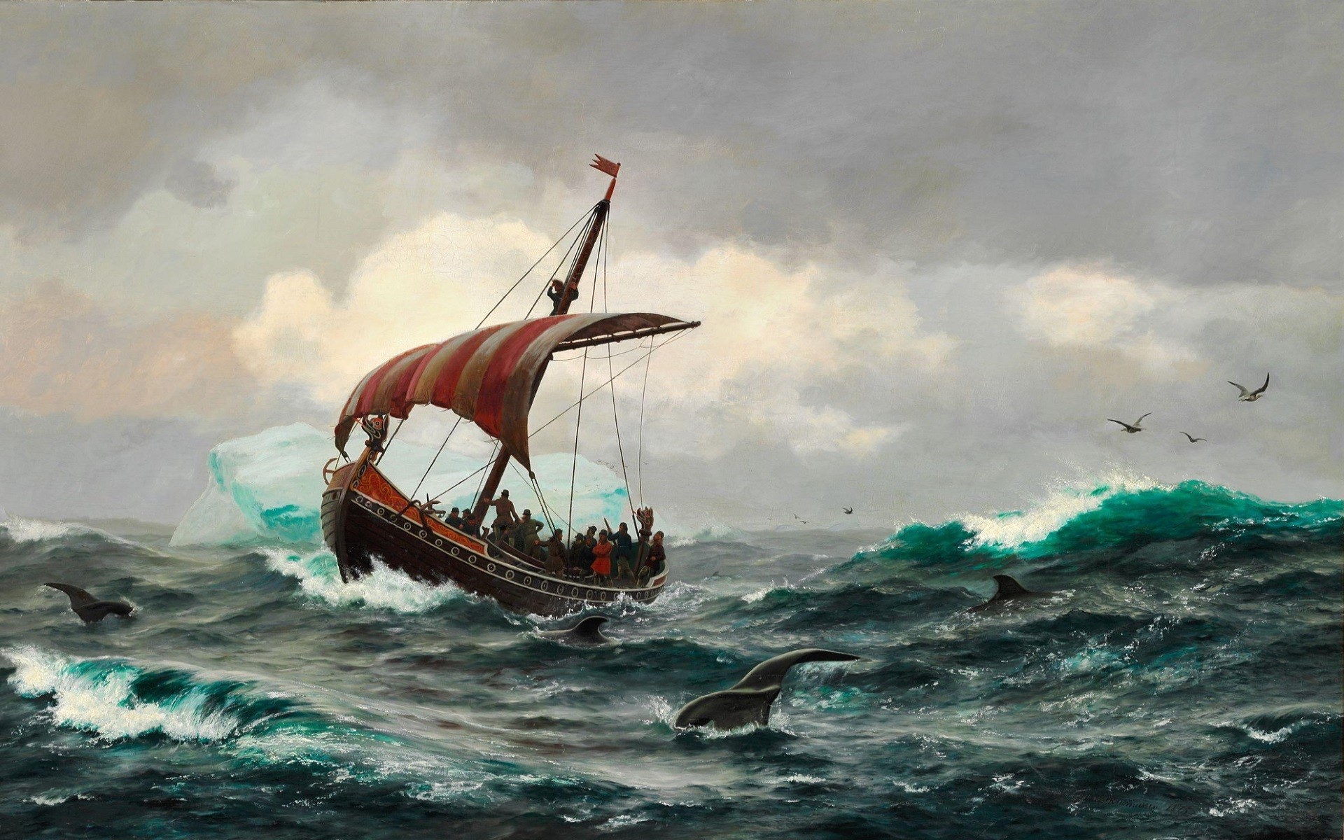 Vikings, Ship, Longships, Sailing ship, Sea, Waves, Artwork, Greenland, Iceberg Wallpaper