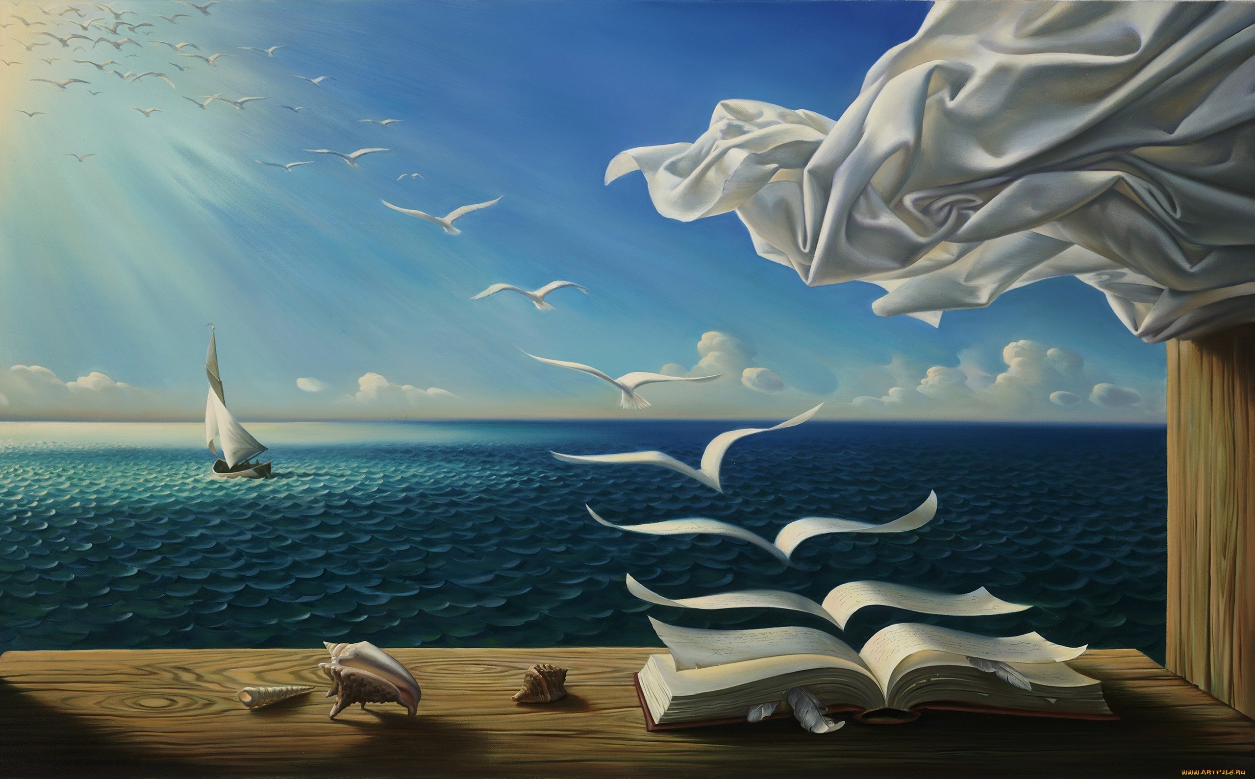 sky, Sea, Books, Birds, Rob Gonsalves Wallpaper