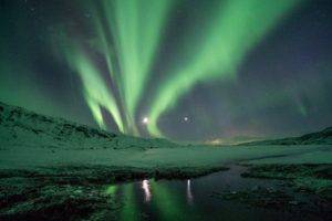 aurorae, Snow, Water, Night sky, Landscape