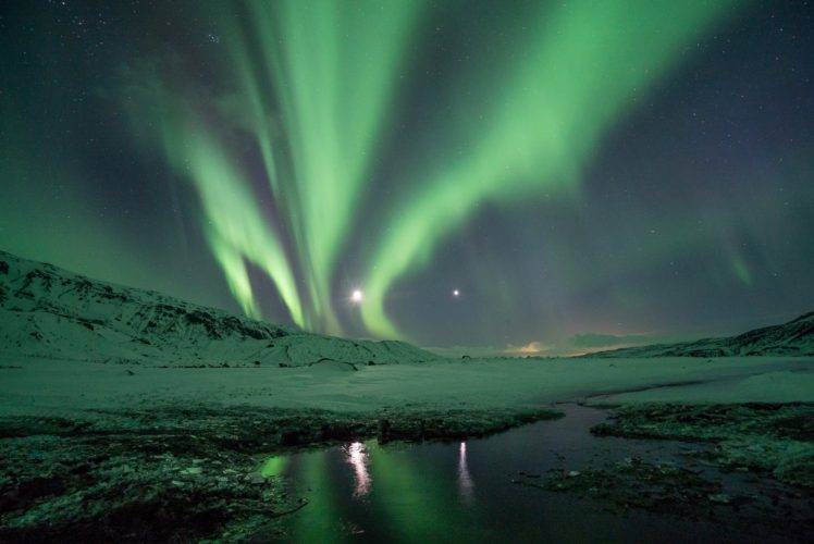 aurorae, Snow, Water, Night sky, Landscape HD Wallpaper Desktop Background