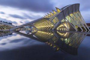 architecture, The Principe Felipe Museum, Long exposure, Spain, Reflection, Shadow, Clouds, Valencia, Sunset