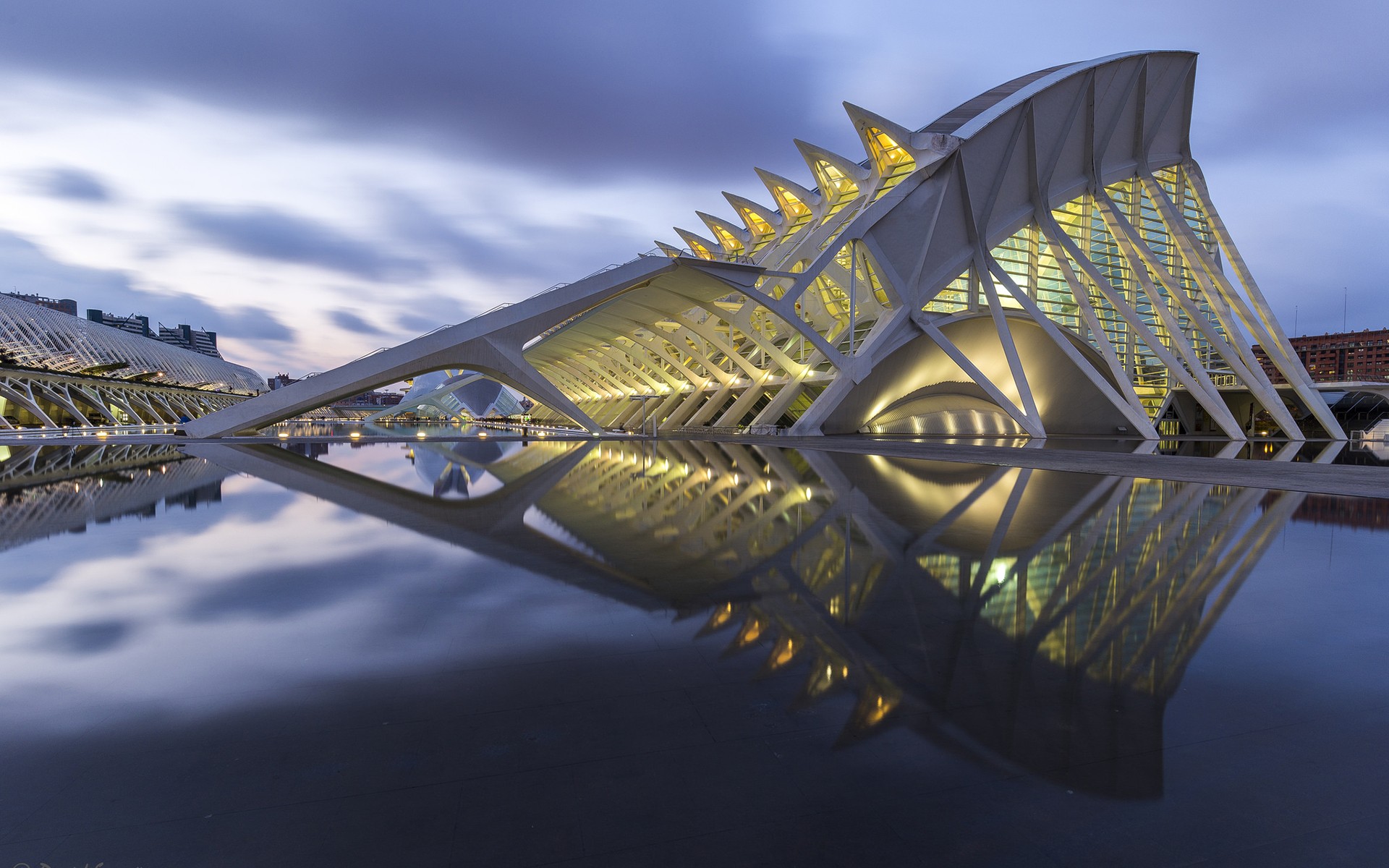 architecture, The Principe Felipe Museum, Long exposure, Spain, Reflection, Shadow, Clouds, Valencia, Sunset Wallpaper