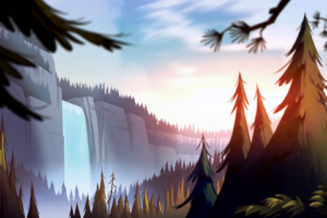 artwork, Forest, Waterfall, Gravity Falls