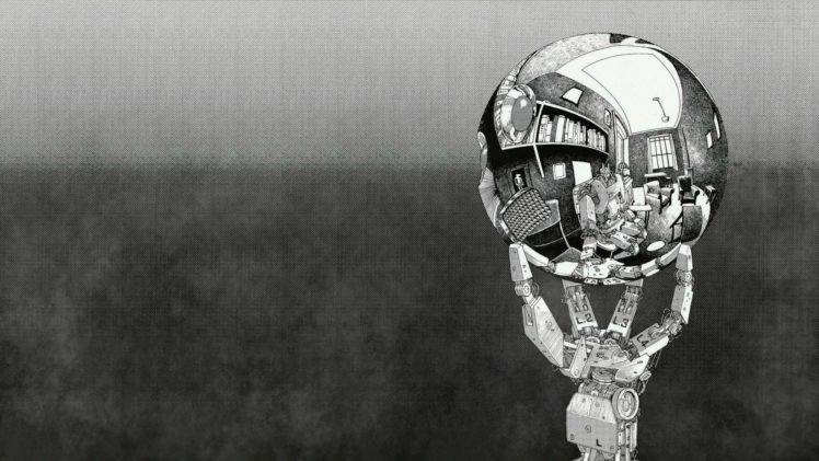 M. C. Escher, Robot, Monochrome, Sphere, Reflection HD Wallpaper Desktop Background