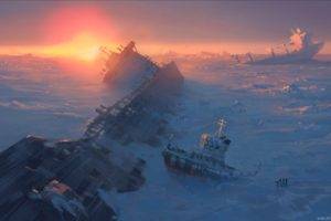 Vitaly S Alexius, Ship, Sunset, Sea, Shipwreck, Frost, Ice, Apocalyptic