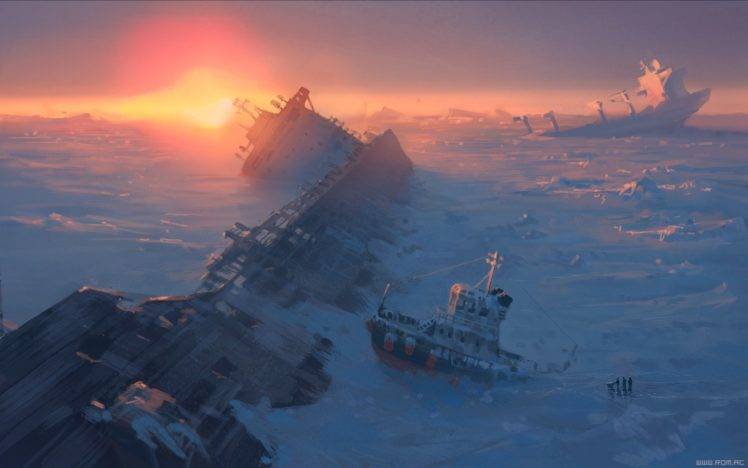 Vitaly S Alexius, Ship, Sunset, Sea, Shipwreck, Frost, Ice, Apocalyptic HD Wallpaper Desktop Background