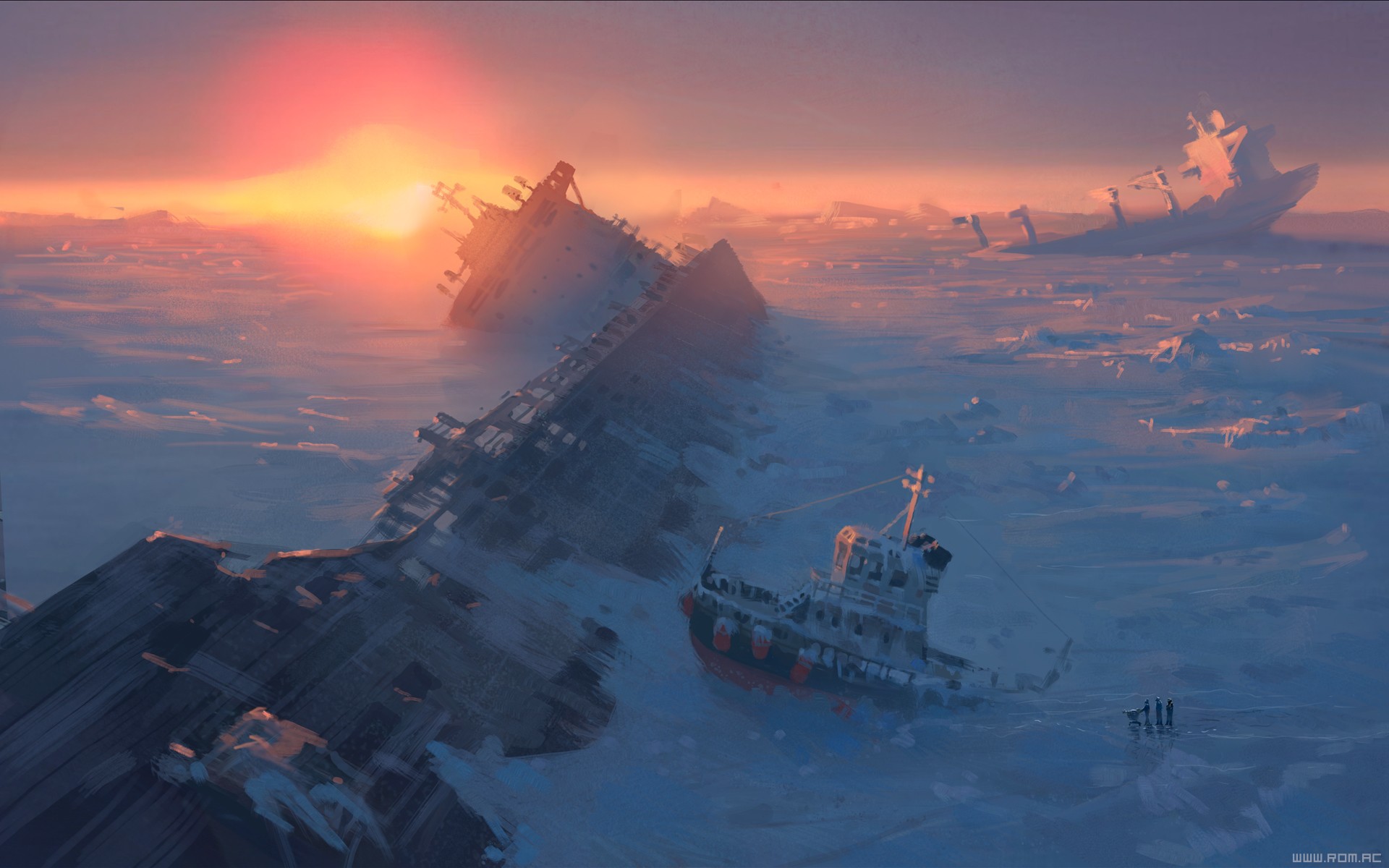 Vitaly S Alexius, Ship, Sunset, Sea, Shipwreck, Frost, Ice, Apocalyptic Wallpaper