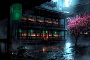 Asian architecture, Cherry blossom, Paper lantern, Rain