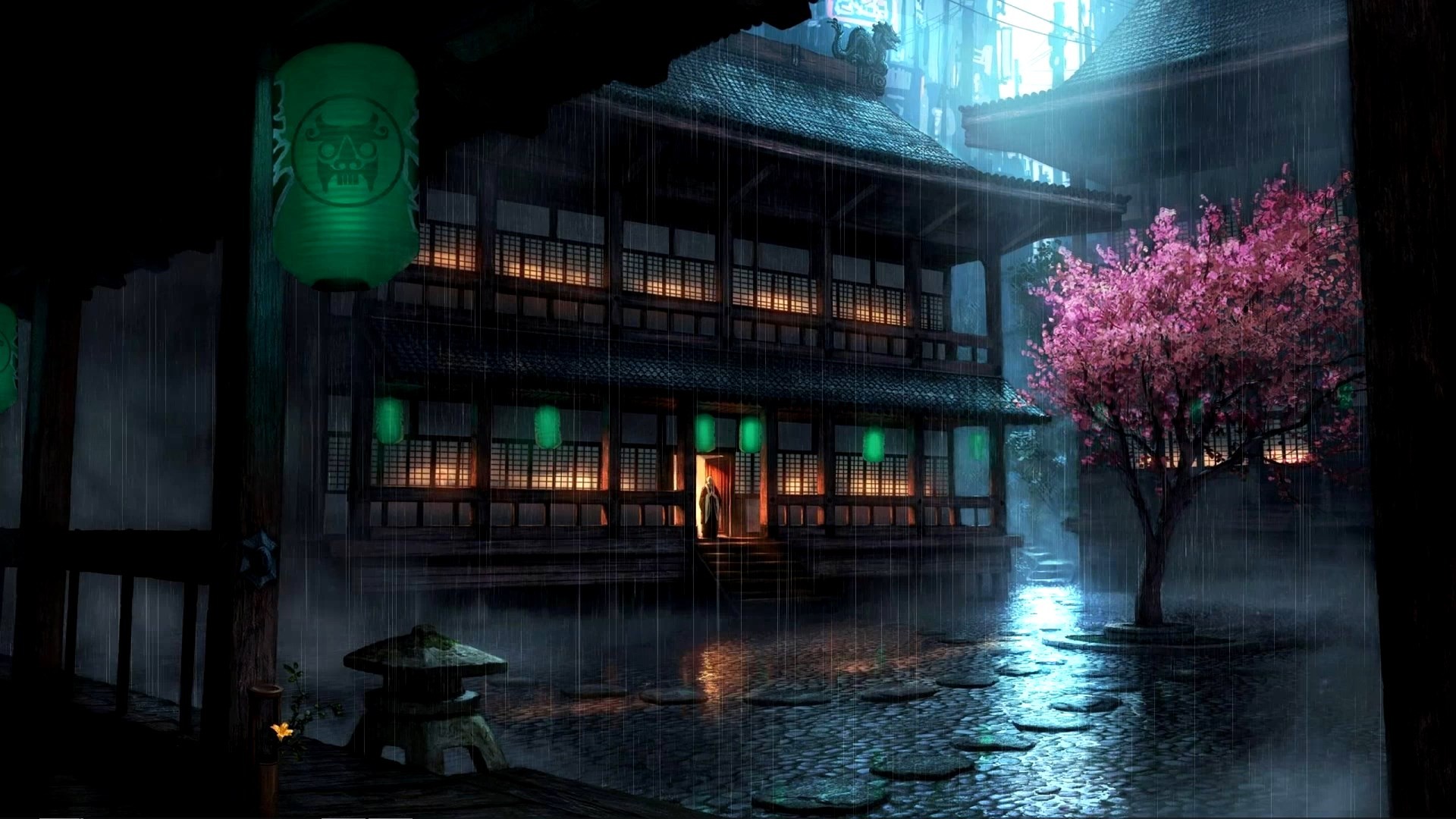 Asian architecture, Cherry blossom, Paper lantern, Rain Wallpaper