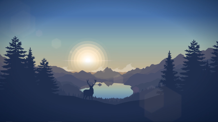 landscape, Deer, Sun, Pine trees, Mountains, Minimalim HD Wallpaper Desktop Background