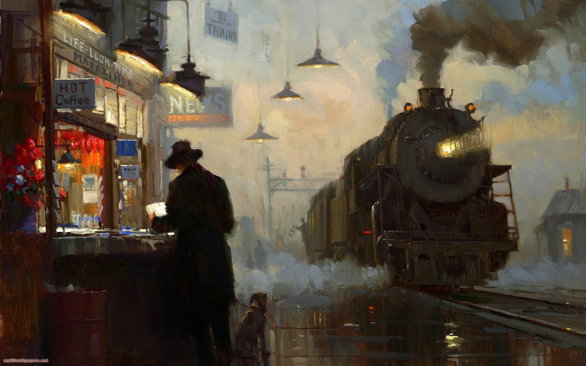 train station, Painting, Oil painting Wallpaper