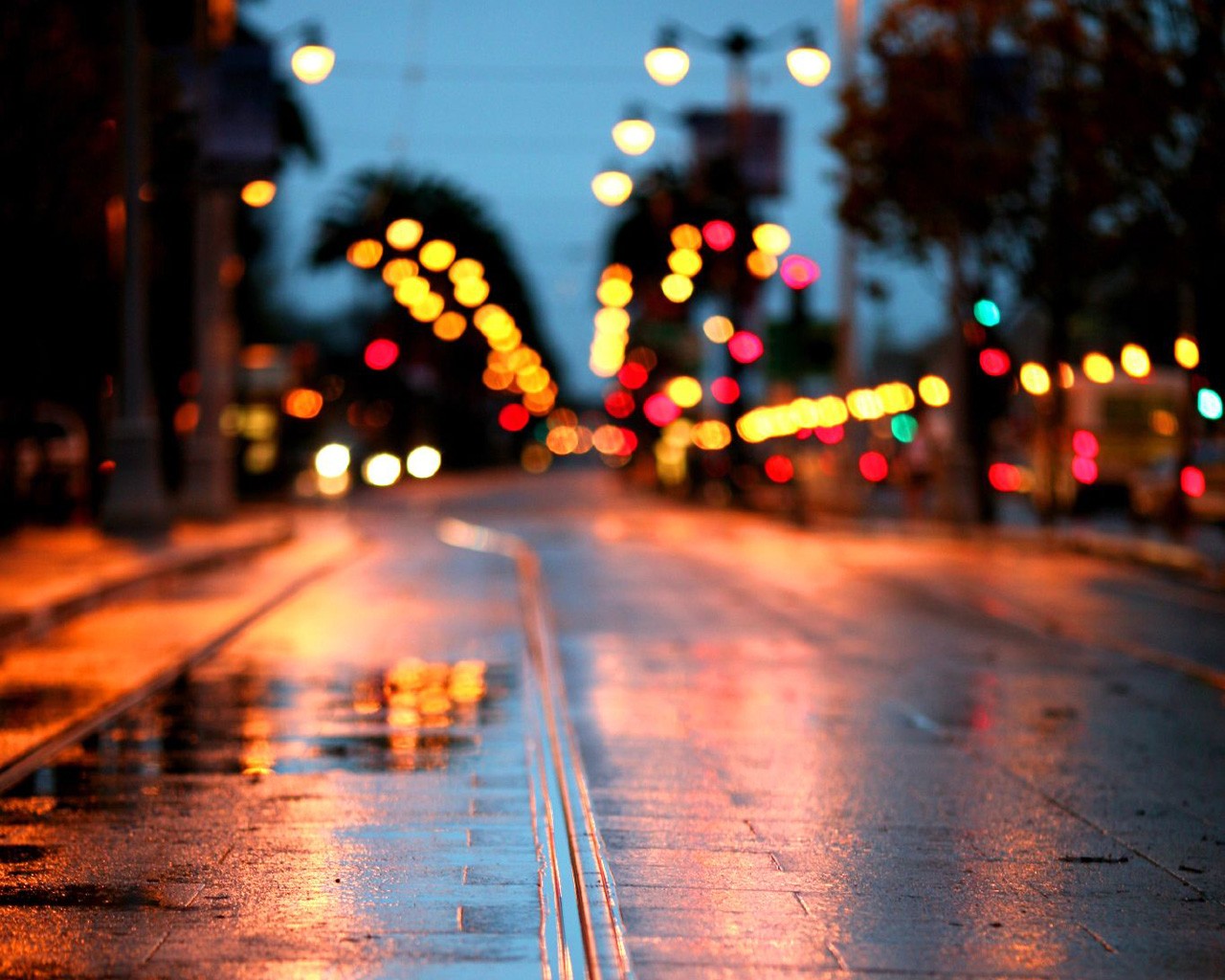 road, Bokeh, Lights, Puddle Wallpaper