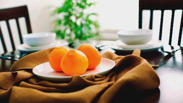 orange (fruit), Plates, Table HD Wallpaper Desktop Background