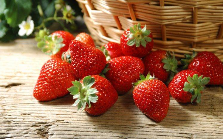 food, Strawberries, Baskets, Wooden surface HD Wallpaper Desktop Background