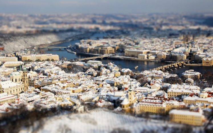 tilt shift, City, Snow, Prague HD Wallpaper Desktop Background