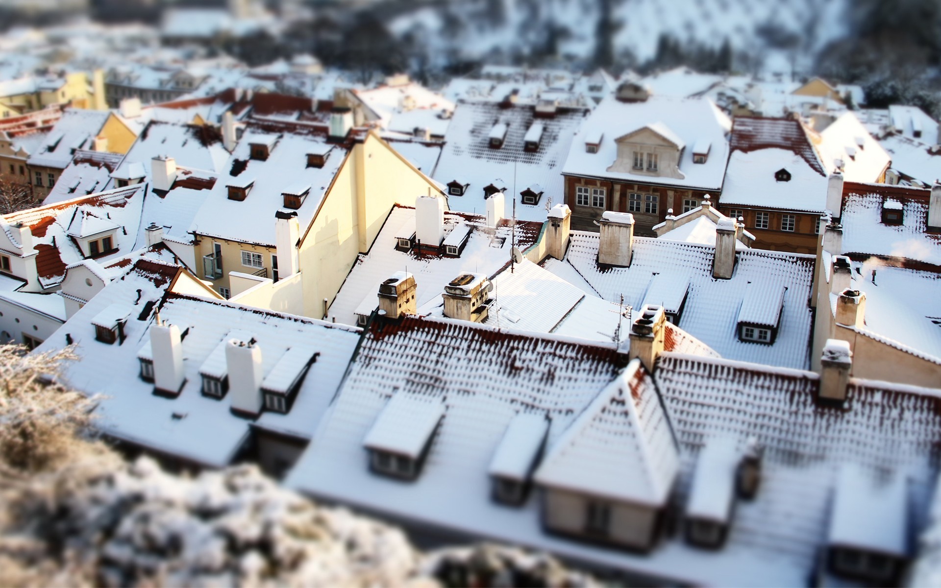 tilt shift, Snow, House, Rooftops Wallpaper