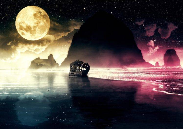 moon, Shipwreck HD Wallpaper Desktop Background
