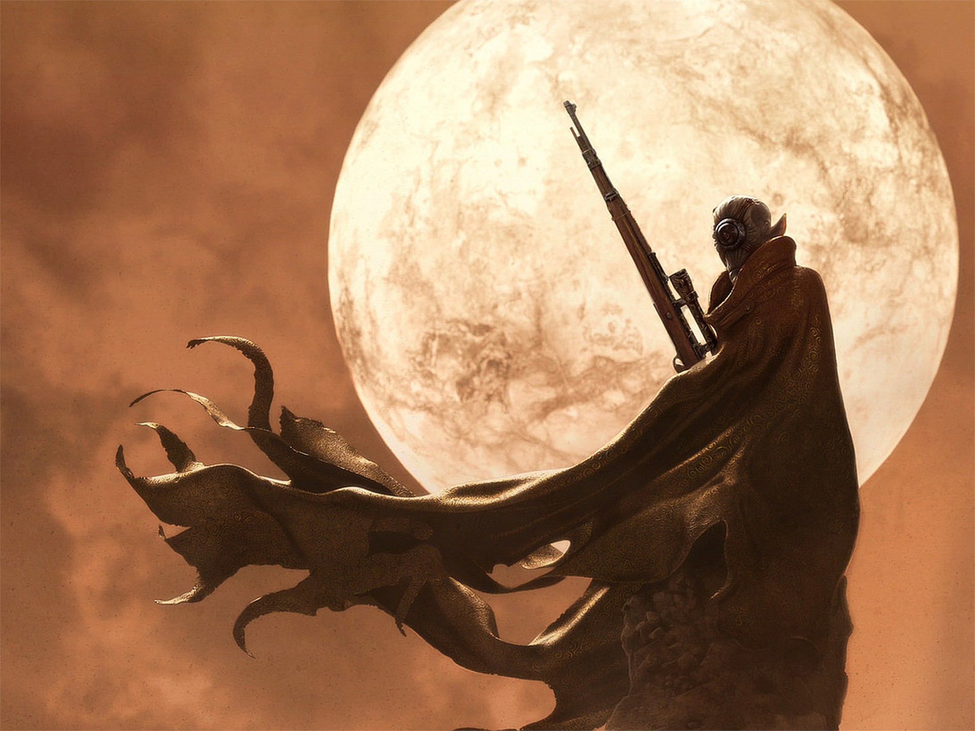 hunter, Artwork, Fantasy art, Digital art, Sniper rifle, Moon, Desert, Futuristic Wallpaper