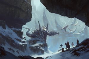 artwork, Fantasy art, Digital art, Dragon, Creature, Mountains, Snow