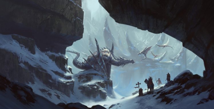 artwork, Fantasy art, Digital art, Dragon, Creature, Mountains, Snow HD Wallpaper Desktop Background
